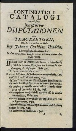 Continuatio 1: Catalogus außerlesener Juristischer Disputationen und Tractätchen