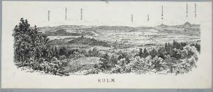 Panoramaansicht von Kulm (heute Chlumec) südwestlich von Tetschen (heute Děčín in Tschechien) entlang der Dux-Bodenbacher Eisenbahnlinie in Richtung Südosten, Bildmitte der Kapellenberg (heute Horka), mit Legende