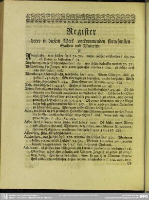Register derer in diesem Werk vorkommenden fürnehmsten Sachen und Materien