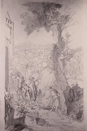 Musikantenzug : Schwind, Moritz von: Musikantenzug. Studie zu dem Gemälde "Die Rose" (Der Hochzeitszug). Feder, aquarelliert. Dresden: Kupferstich-Kabinett 1908-468