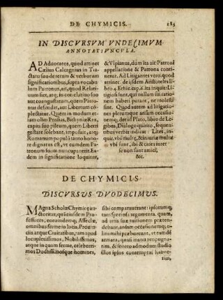 De Chymicis Discursus Duodecimus.