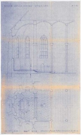 Martin-Luther-Kirche Gütersloh: Chor Schnitt, Grundriss 1:50