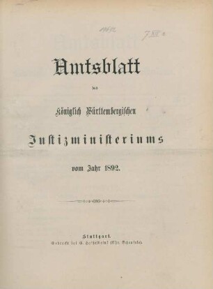 1892: Amtsblatt des Württembergischen Justizministeriums