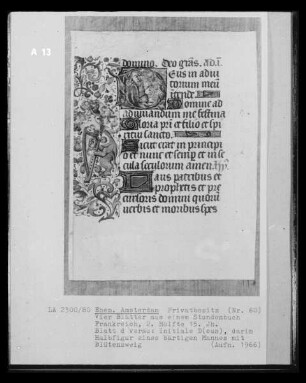 Blatt aus einem Stundenbuch, Blatt d verso: Textseite mit Initiale D, darin Halbfigur eines bärtigen Mannes