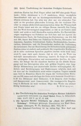 398-401 [Rezension] Eckhart Meister, Die Überlieferung der Deutschen Predigten Meister Eckeharts