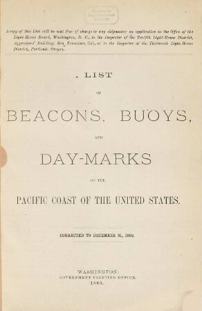 List of beacons, bouys, and day marks on the Pacific Coast of the United States. 1892, 1892 (1893)
