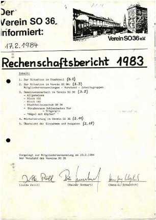 Rechenschaftsbericht: Verein S0 36, 1983