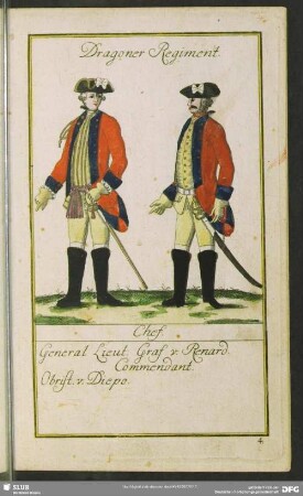 Dragoner Regiment. Chef. General Lieut. Graf v. Renard. Commendant. Obrist. V. Diepo