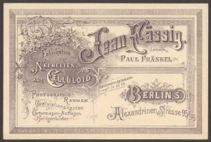 Werbepostkarte Celluloid-Fabrikation "Jean Fässig“, Alexandrinenstraße 95-96