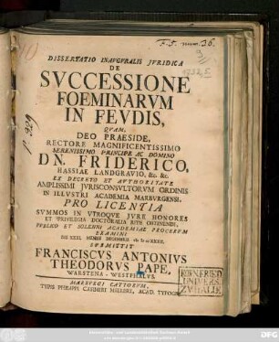 Dissertatio Inavgvralis Jvridica De Svccessione Foeminarvm In Fevdis