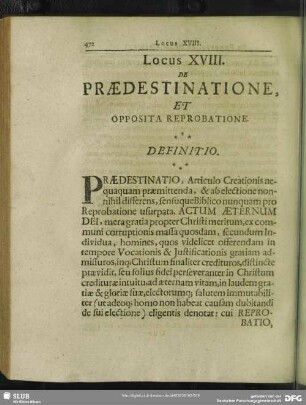 Locus XVIII. De Praedestinatione, Et Opposita Reprobatione