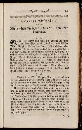 Zweyter Abschnitt, von der Christlichen Religion und dem Unglauben überhaupt.