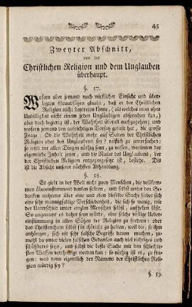 Zweyter Abschnitt, von der Christlichen Religion und dem Unglauben überhaupt.