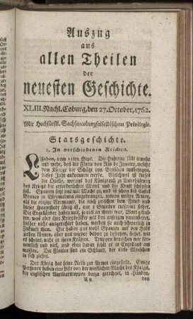 XLIII. Nachl. Coburg, den 27. October, 1762.