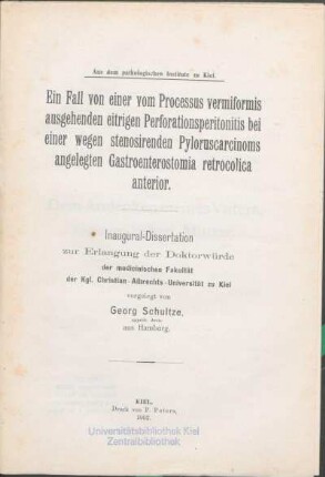 Ein Fall von einer vom Processus vermiformis ausgehenden eitrigen Perforationsperitonitis bei einer wegen stenosirenden Pyloruscarcinoms angelegten Gastroenterostomia retrocolica anterior