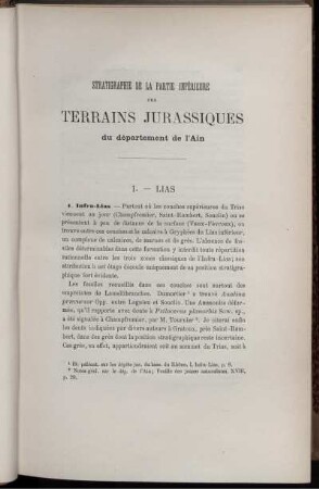 Stratigraphie De La Partie Inférieure Des Terrains Jurassiques du département de l'Ain