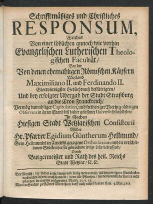 Schrifftmäßiges und Christliches Responsum, ...