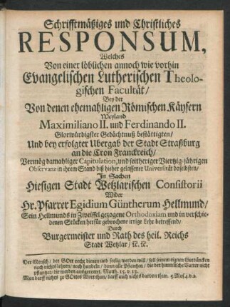 Schrifftmäßiges und Christliches Responsum, ...