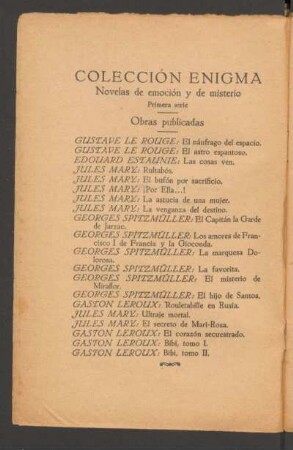 Colección Enigma : Novelas de emoción y de misterio - Primera serie - Obras publicadas