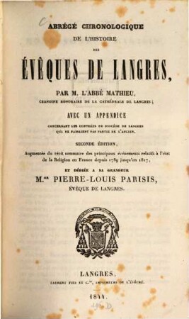 Abrégé chronologique de l'histoire des Évêques de Langres