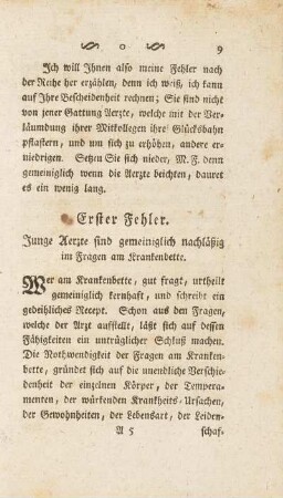 Erster Fehler. Junge Aerzte sind gemeiniglich nachläßig im Fragen am Krankenbette.