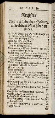 Register, Der vorstehenden Gebeter, an welchem Blat jedes zu finden.