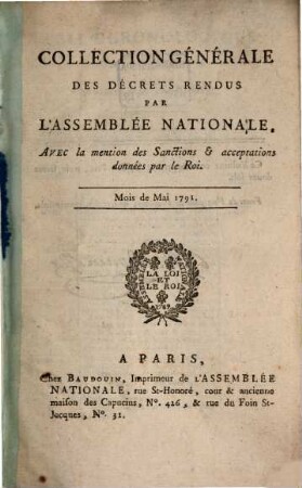 Collection générale des décrets rendus par l'Assemblée Nationale. 14. 1791