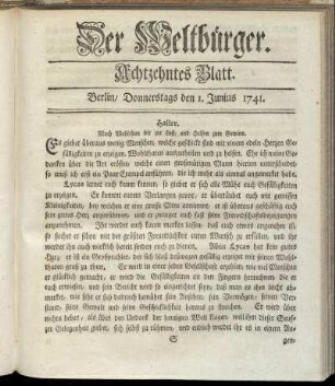 Achtzehntes Blatt. Berlin, Donnerstags den 1. Junius 1741.