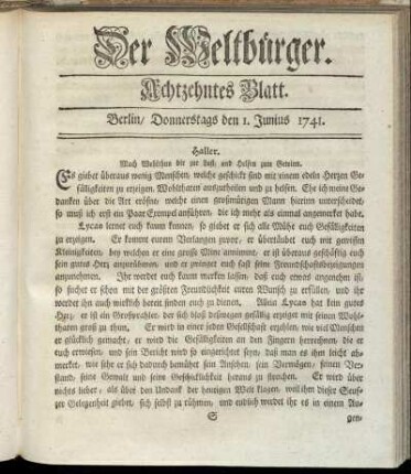 Achtzehntes Blatt. Berlin, Donnerstags den 1. Junius 1741.