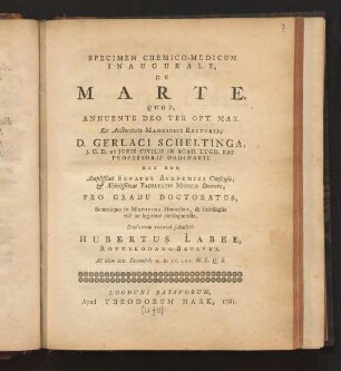 Specimen Chemico-Medicum Inaugurale, De Marte