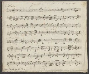 6 Instrumental pieces, cl, pf, cl, guit, cl, arp - BSB Mus.Schott.Ha 2225-4 : [title at bottom of f. 3r:] Serenade // pour Clarinette en si b. // avec accompagnement // de Piano [with red chalk: x] ou Guitare [with red chalk: ou Harpe] // par // Jwan Müller.