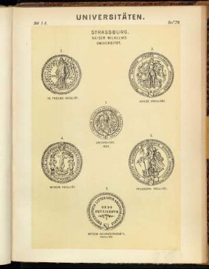 Taf. 29. Strassburg. Kaiser Wilhelms Universität. 1. Universität 1872. - 2. Ev. Theolog. Facultät. - 3. Jurist. Facultät. - 4. Medicin. Facultät. - 5. Philosoph. Facultät. - 6. Mathem. Naturwissenschaftl. Facultät