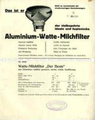 Das ist er / der vielbegehrte ideale und hygienische / Aluminium-Watte-Milchfilter