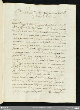 All’Ill<ustrissi>mo et R<everendissi>mo Mons<igno>r mio P<ad>rone Col<endissi>mo Il Sig<nor> Cardinale Alessandrino