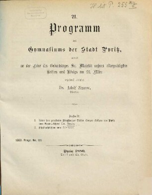 Programm des Gymnasiums der Stadt Pyritz : womit zu der öffentlichen Prüfung ... ergebenst einladet. 1879/80 = Jg. 21