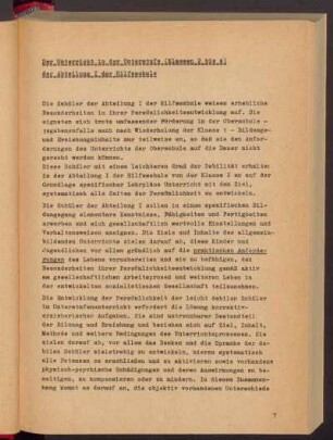 Der Unterricht in der Unterstufe (Klassen 2 bis 4) der Abteilung I der Hilfsschule