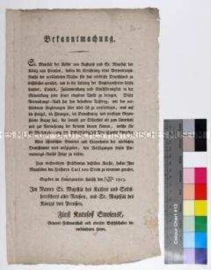 Bekanntmachung der Einrichtung eines Zentralverwaltungsrates der verbündeten Mächte unter Freiherr Carl vom Stein als Koordinationsstelle für alle Angelegenheiten betreffend die Verwaltung der Armeen und Norddeutschlands