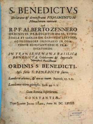 S. Benedictus Declaratus & demonstratus Firmamentum Monachorum omnium
