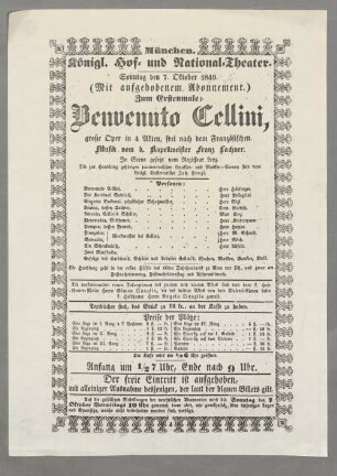 München. Königl. Hof- und National-Theater. Sonntag den 7. Oktober 1849 ... Benvenuto Cellini, große Oper in 4 Akten, frei nach dem Französischen. Musik vom k. Kapellmeister Franz Lachner ...