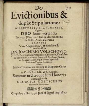 De Evictionibus & duplae Stipulatione Disceptatio Inauguralis