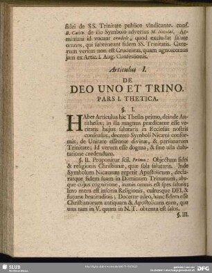 Articulus I. De Deo Uno Et Trino