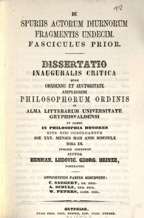 De spuriis actorum diurnorum fragmentis undecim : Fasciulus prior ; dissertatio inauguralis critica