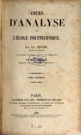 Cours d'Analyse de l'École Polytechnique : Par Ch. Sturm, 1