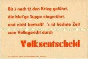 Handzettel mit Losung zum Volksentscheid über die Enteignung der Nazi- und Kriegsverbrecher