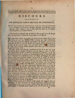 Discours prononcé par Monsieur Coffin Recteur de l'Université, ... le 13 Décembre 1718 pour la procession solennelle ... Unigenitus