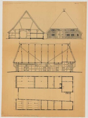 Neschow (Kreis Schönberg): Hof Heitmeier. [Haupthaus] (Grundriss, Giebelansicht, Schnitte)