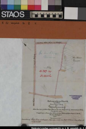 Farbige "Zeichnung über die der politischen Gemeinde zur Aufforstung überwiesenen Flächen" genannt "An den Klöwer Tannen." Mit Größenangabe und an der Straße Wahn-Börger belegen. Ausf.-Art: Farbige Zeichnung Herst.: Schaper Format: 28 x 21 cm Maßstab: 1 : 5000