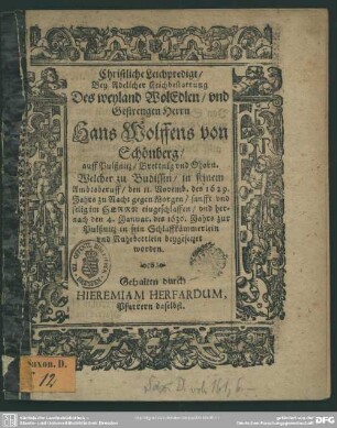 Christliche Leichpredigt bey Leichbestattung des Hans Wolffens von Schöneberg
