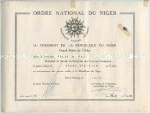 Verleihungsurkunde zum Nationalorden von Niger (Ordre National du Niger)