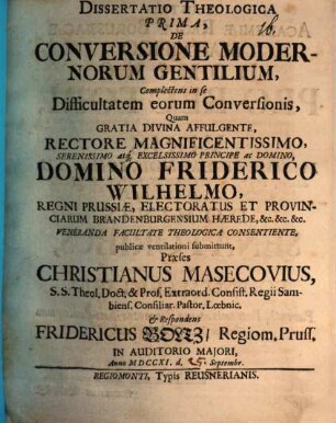 Disp. theol. I. de conversione modernorum gentilium, complectens in se difficultatem eorum conversionis